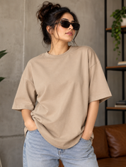 Taupe Solid Oversized T-Shirt For Women | Solid T-Shirt