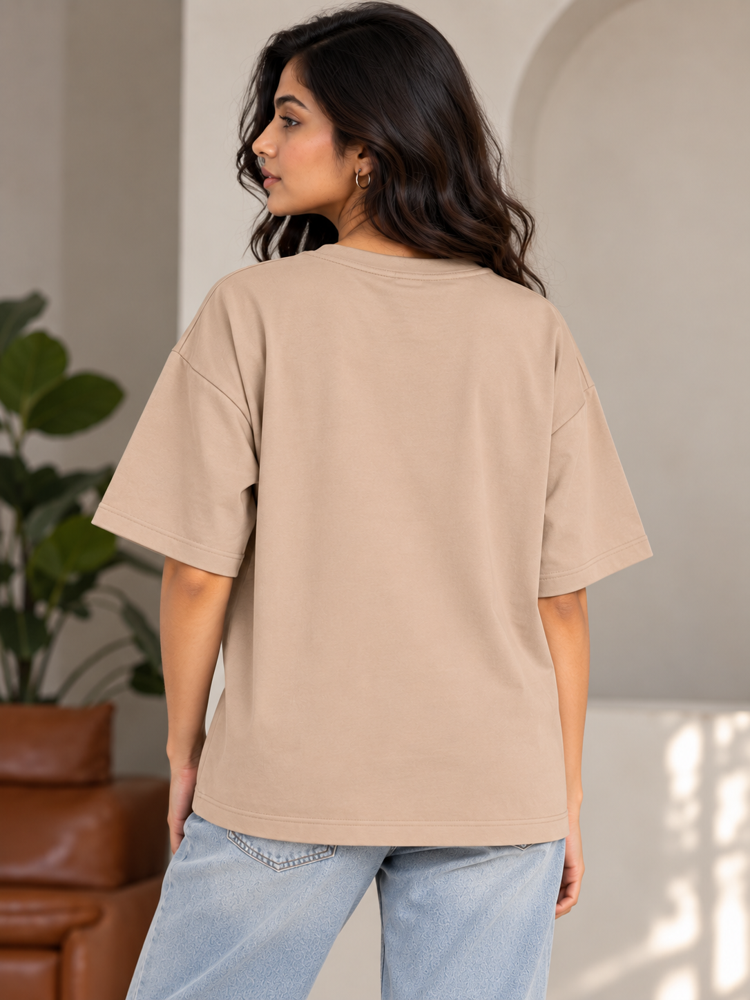 Taupe Solid Oversized T-Shirt For Women | Solid T-Shirt