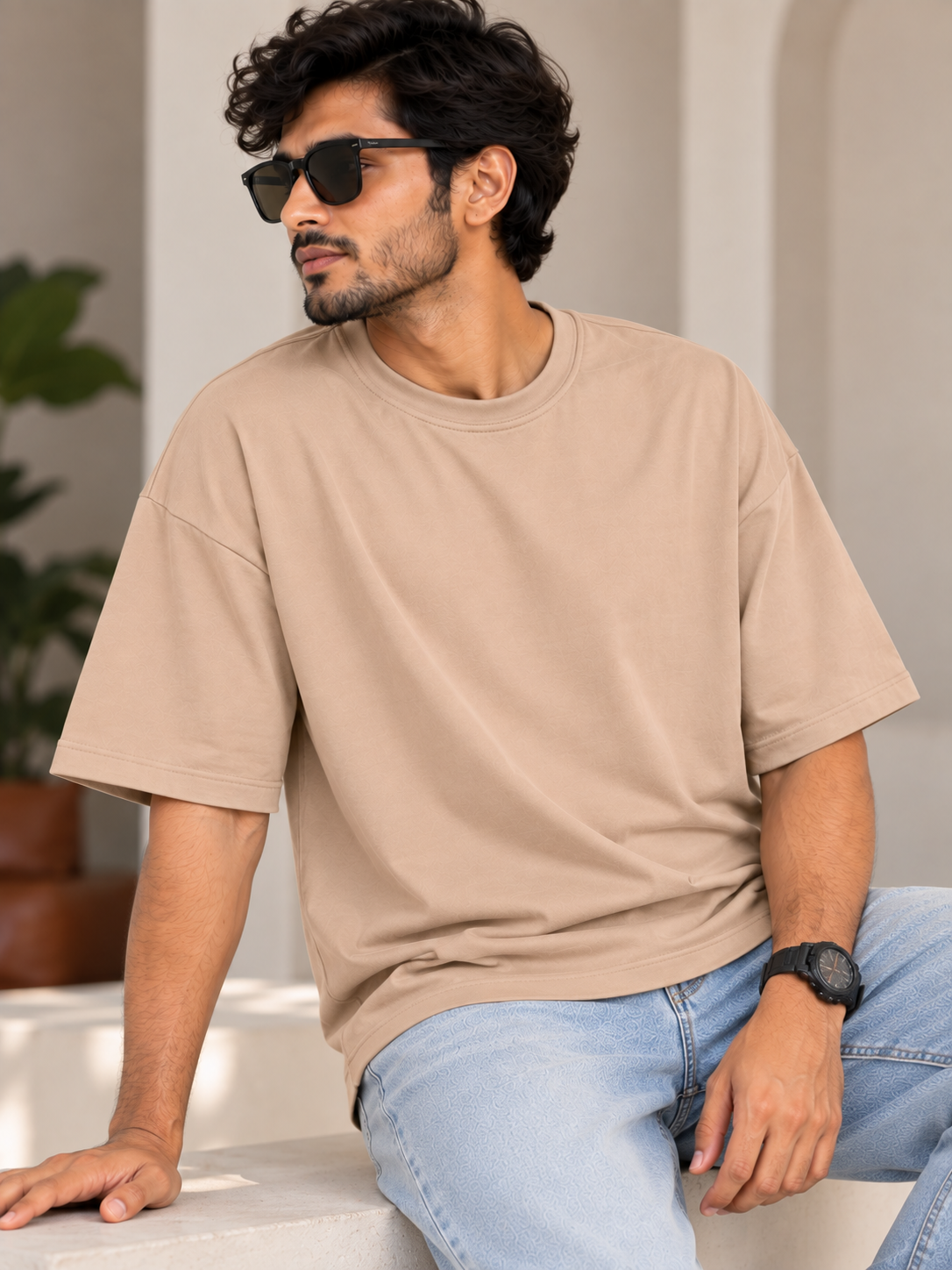 Taupe Solid Oversized T-Shirt For Men | Solid T-Shirt