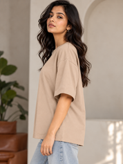 Taupe Solid Oversized T-Shirt For Women | Solid T-Shirt
