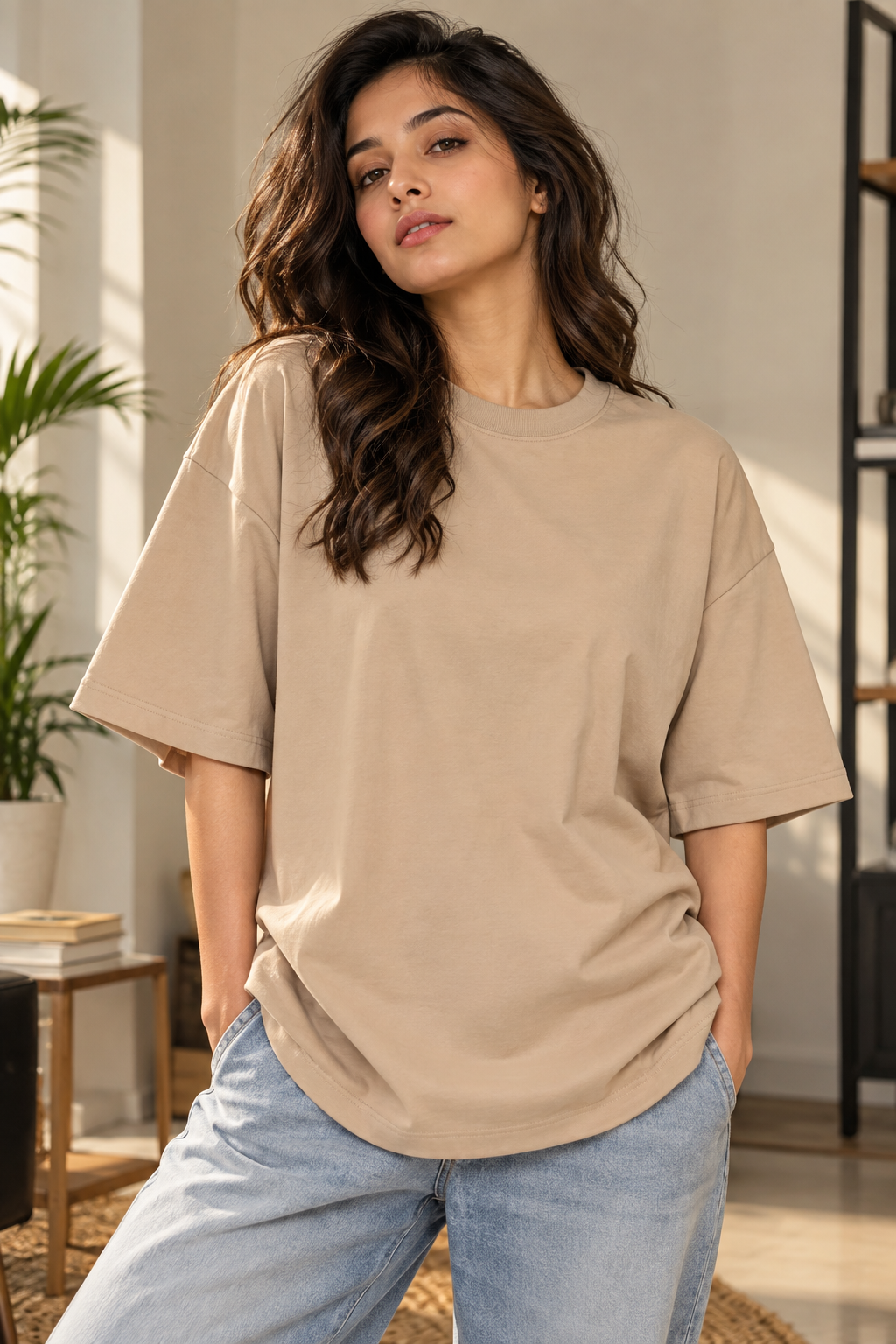 Taupe Solid Oversized T-Shirt For Women | Solid T-Shirt