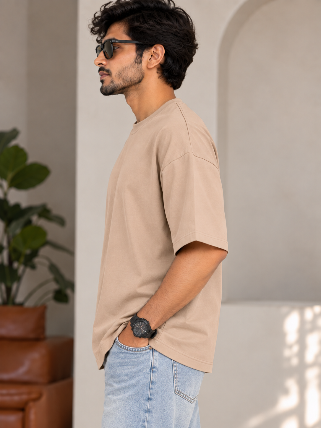 Taupe Solid Oversized T-Shirt For Men | Solid T-Shirt