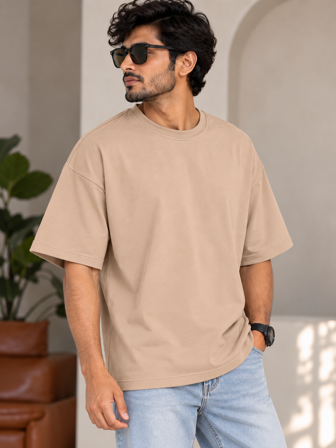 Taupe Solid Oversized T-Shirt For Men | Solid T-Shirt