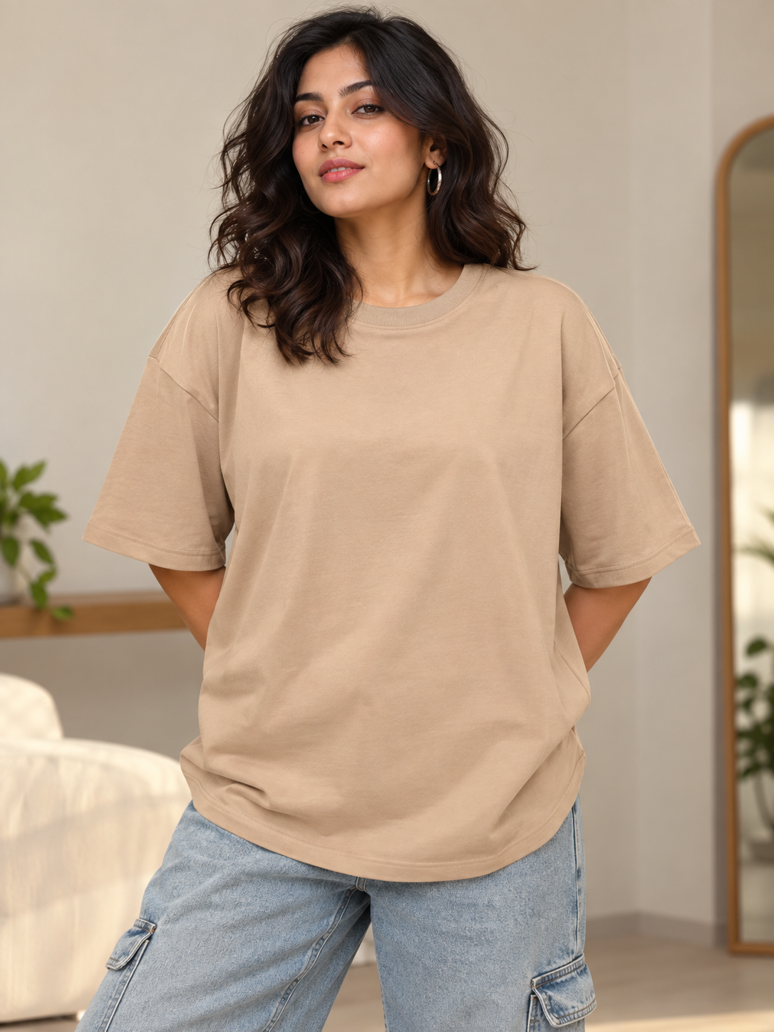 Taupe Solid Oversized T-Shirt For Women | Solid T-Shirt