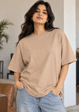 Taupe Solid Oversized T-Shirt For Women | Solid T-Shirt