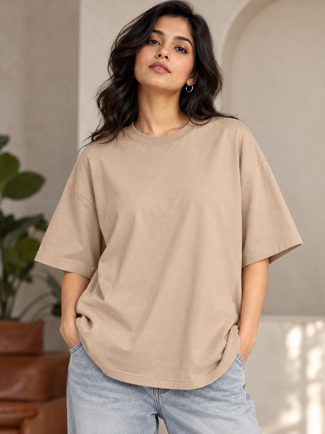 Taupe Solid Oversized T-Shirt For Women | Solid T-Shirt