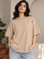 Taupe Solid Oversized T-Shirt For Women | Solid T-Shirt