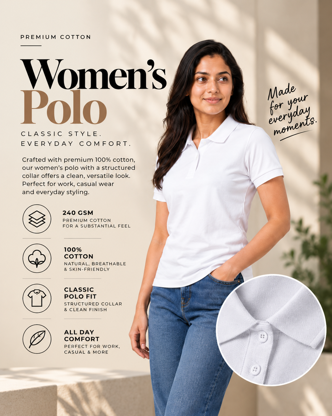 Solids White Women's Polo T-Shirt – 100% Cotton