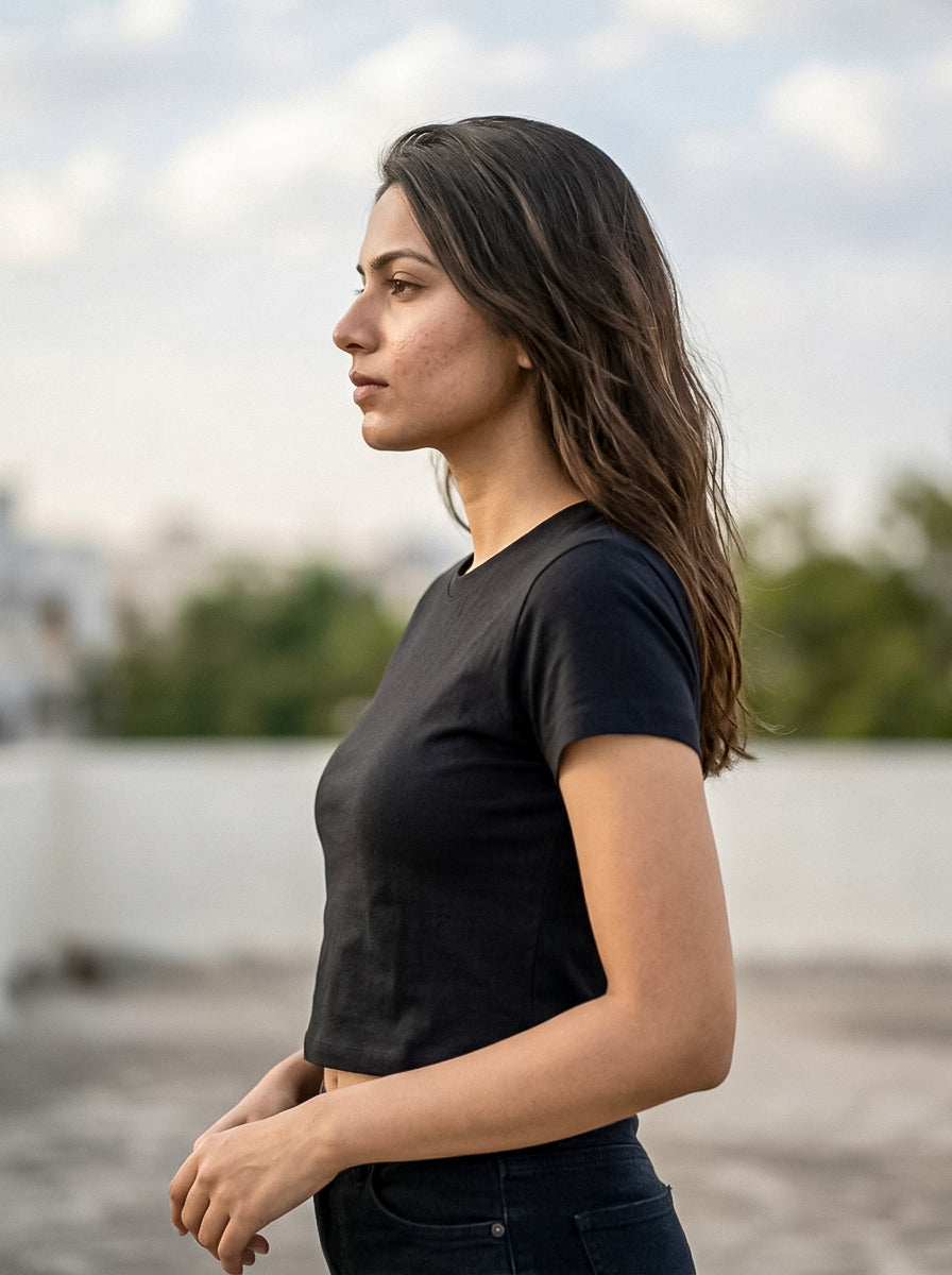 Black Solid Crop T-Shirt For Women | Solid T-Shirt