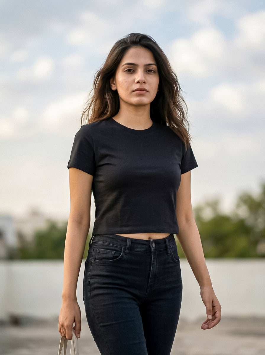 Black Solid Crop T-Shirt For Women | Solid T-Shirt