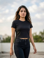 Black Solid Crop T-Shirt For Women | Solid T-Shirt