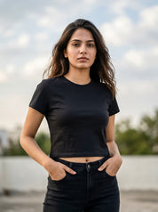 Black Solid Crop T-Shirt For Women | Solid T-Shirt