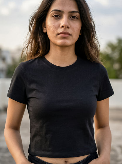 Black Solid Crop T-Shirt For Women | Solid T-Shirt
