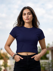 Navy Blue Solid Crop T-Shirt For Women | Solid T-Shirt