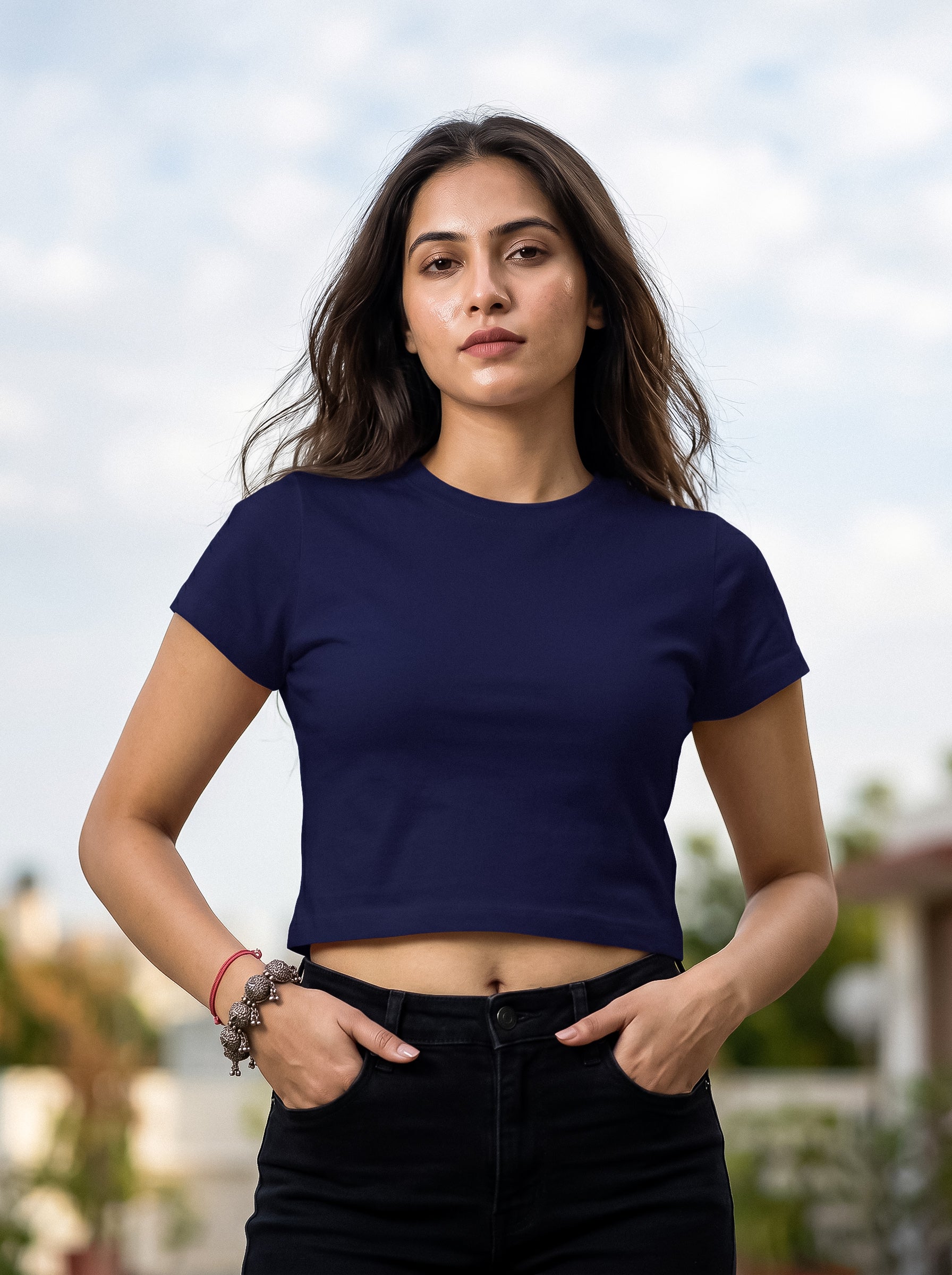 Navy Blue Solid Crop T-Shirt For Women | Solid T-Shirt