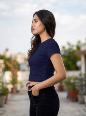 Navy Blue Solid Crop T-Shirt For Women | Solid T-Shirt