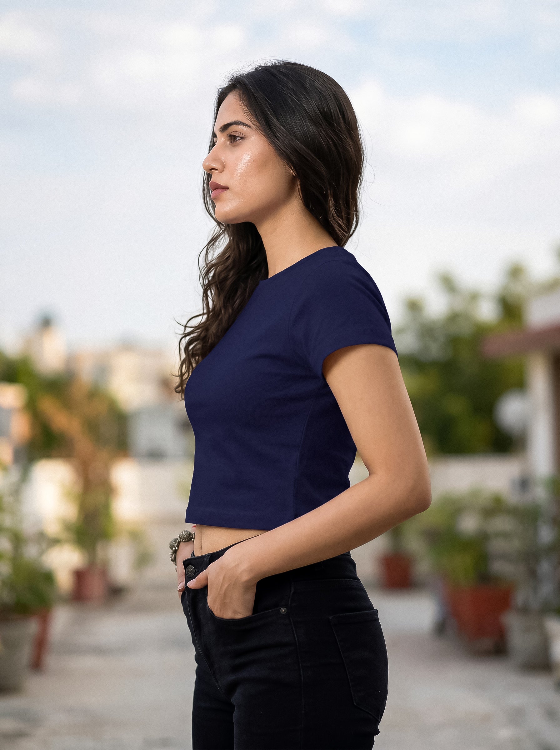 Navy Blue Solid Crop T-Shirt For Women | Solid T-Shirt