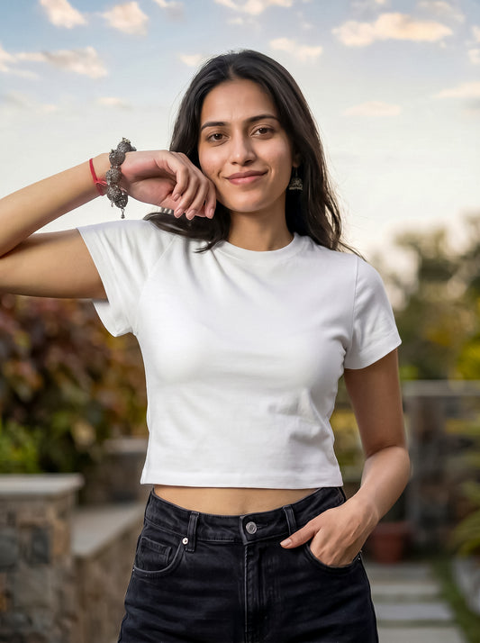 White Solid Crop T-Shirt For Women | Solid T-Shirt