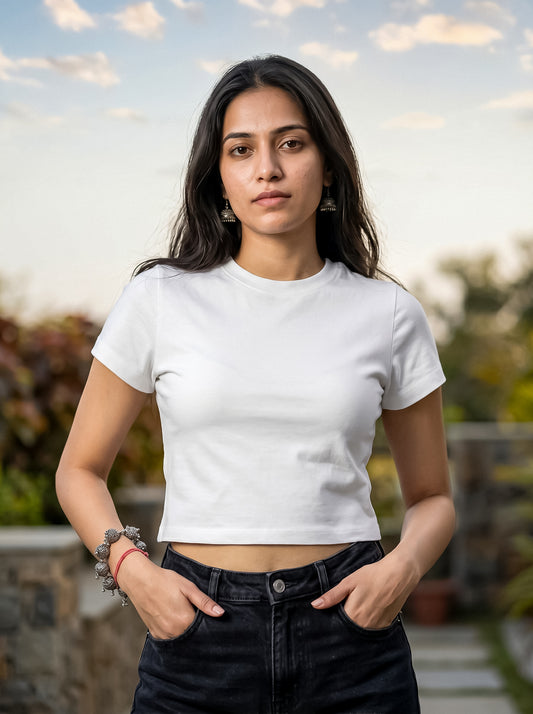 White Solid Crop T-Shirt For Women | Solid T-Shirt