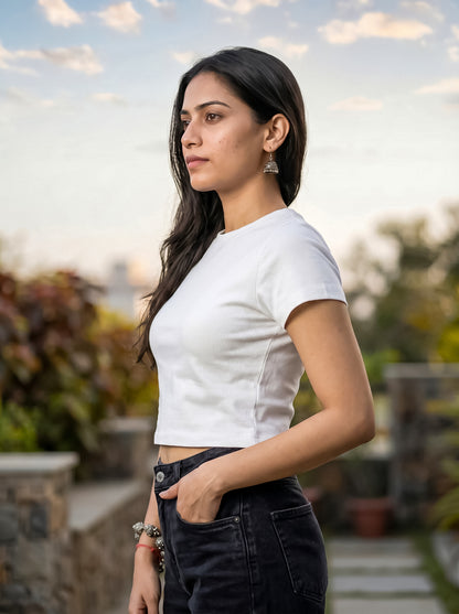 White Solid Crop T-Shirt For Women | Solid T-Shirt