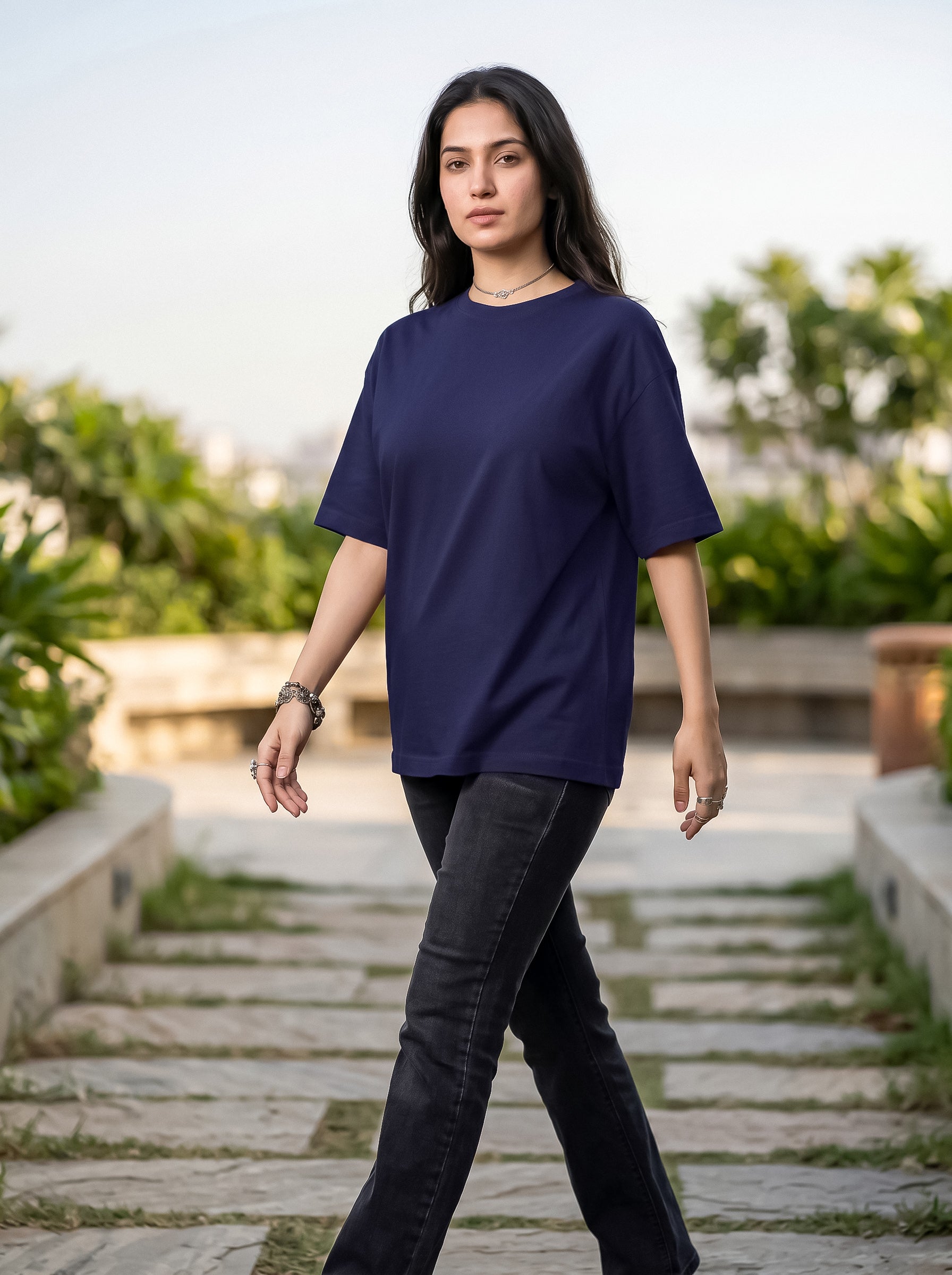 Navy Blue Solid Oversized T-Shirt For Women | Solid T-Shirt