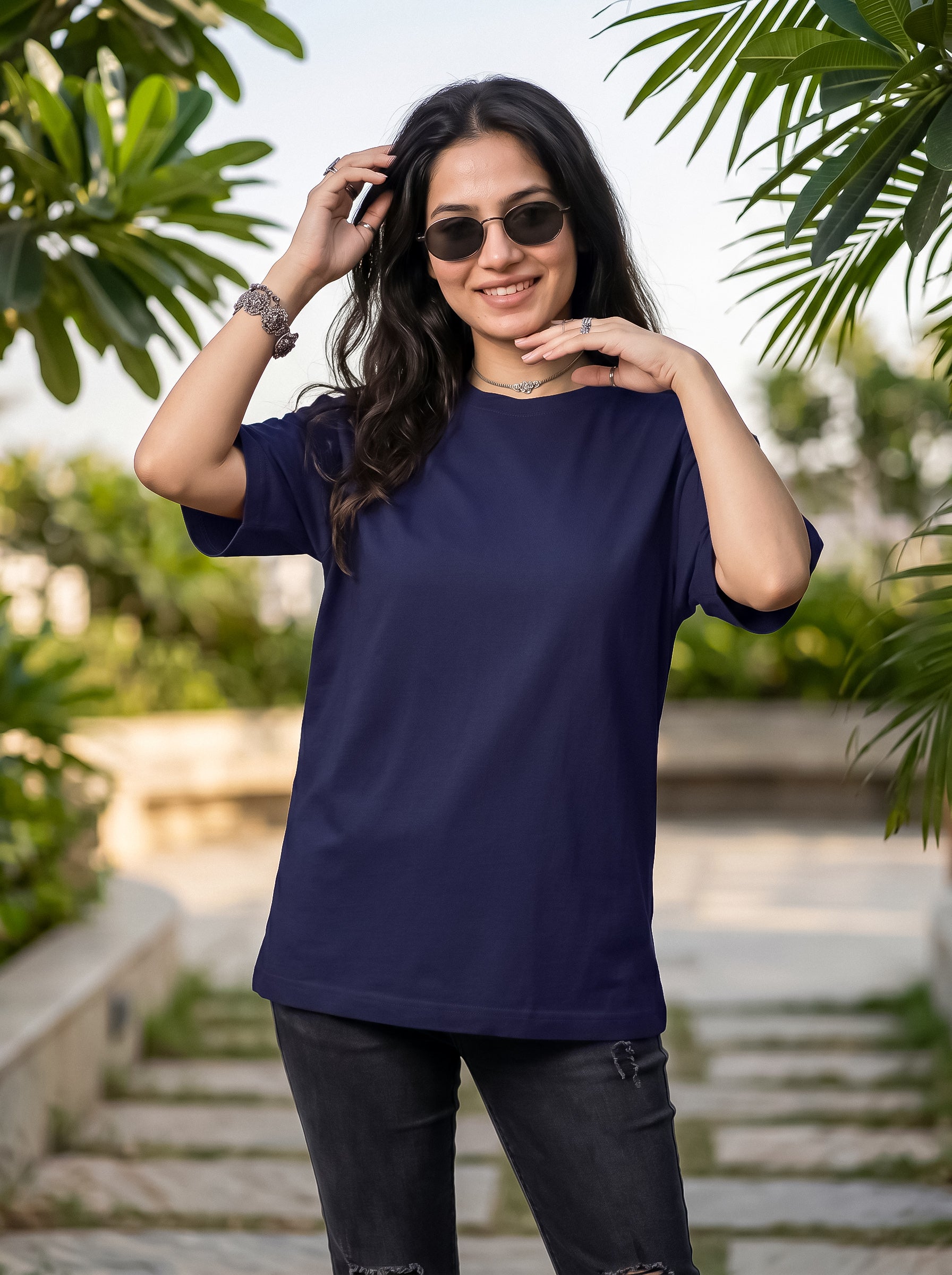 Navy Blue Solid Oversized T-Shirt For Women | Solid T-Shirt
