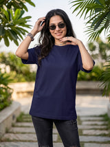 Navy Blue Solid Oversized T-Shirt For Women | Solid T-Shirt