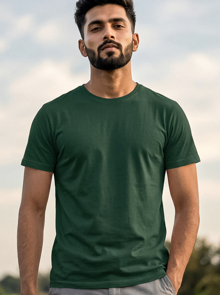 Bottle Green Solid Regular T-Shirt For Men | Solid T-Shirt
