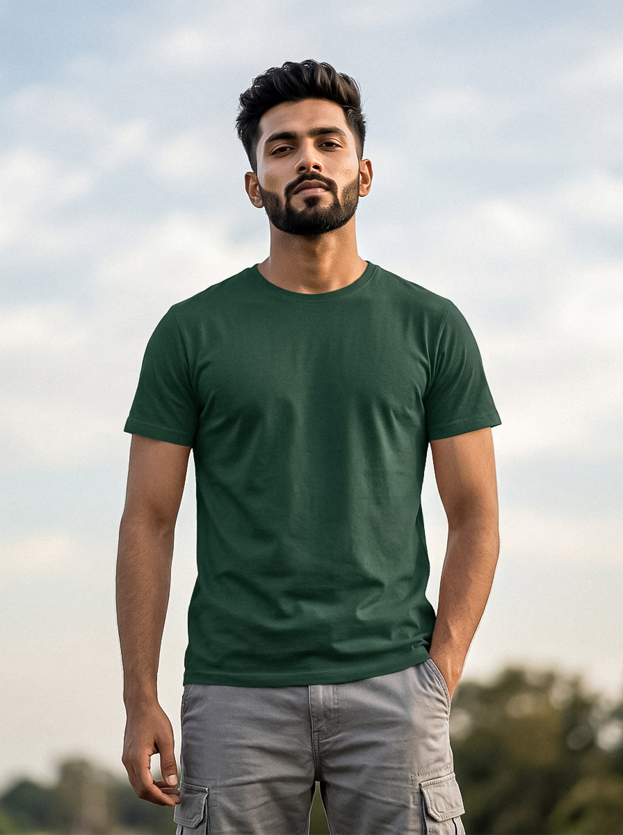 Bottle Green Solid Regular T-Shirt For Men | Solid T-Shirt
