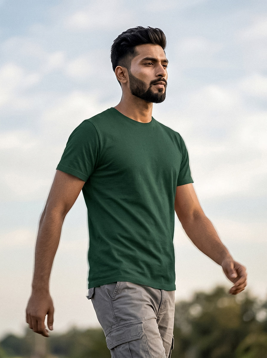 Bottle Green Solid Regular T-Shirt For Men | Solid T-Shirt