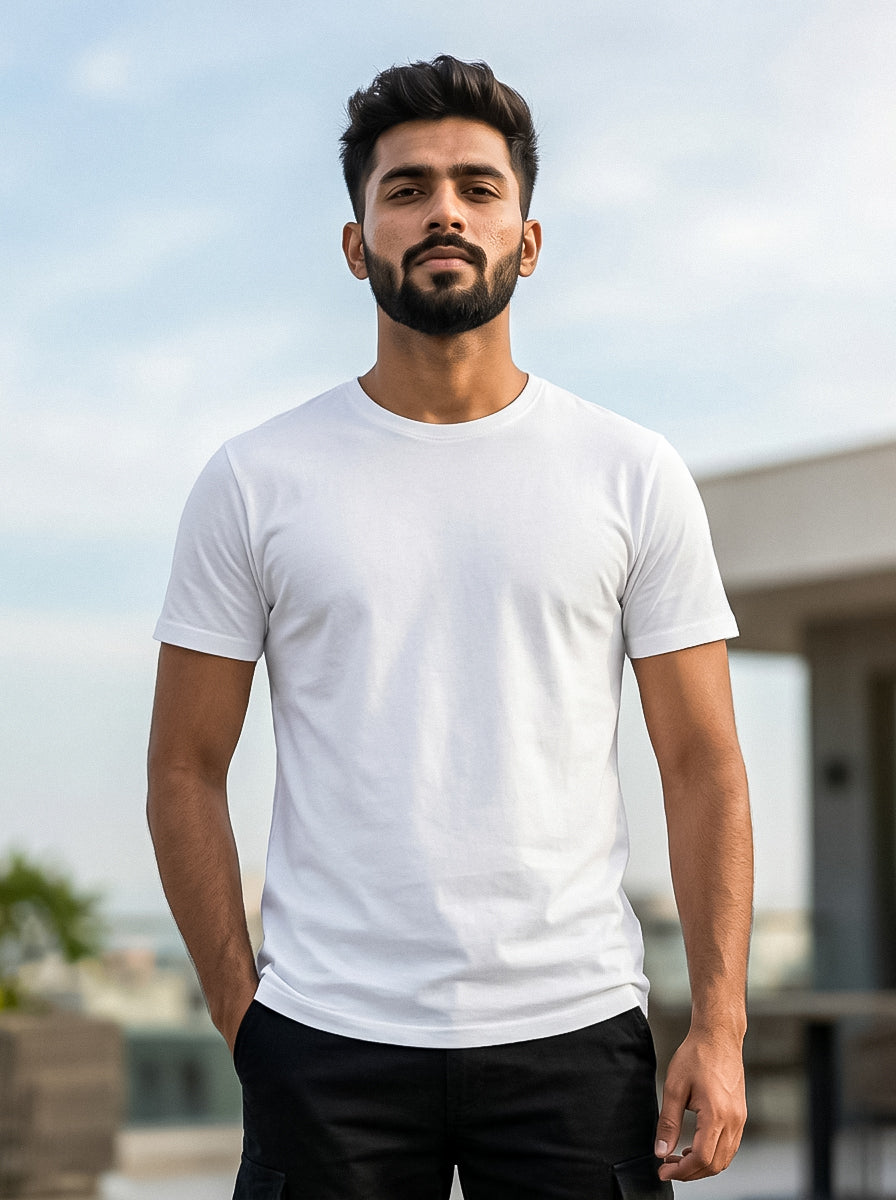 White Solid Regular T-Shirt For Men | Solid T-Shirt